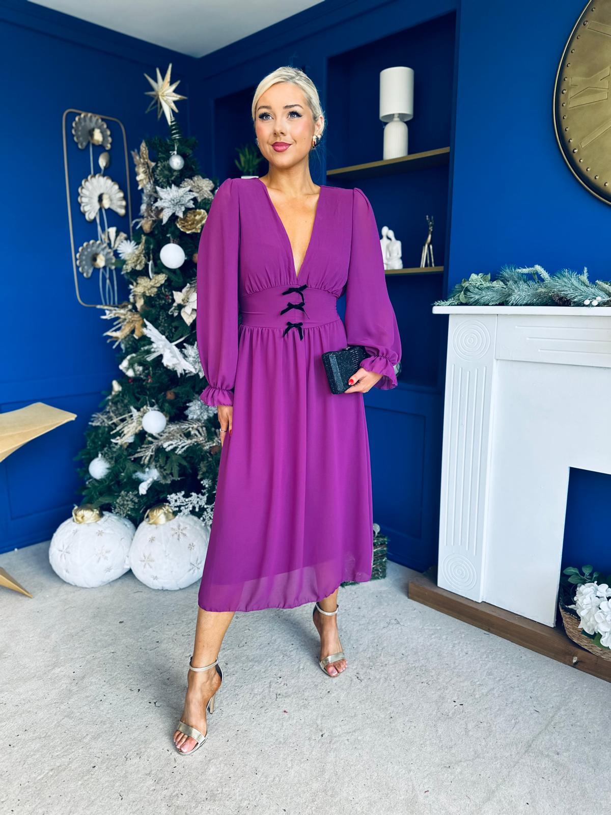 Orlaith Bow Detail Banded Midi Dress Berry