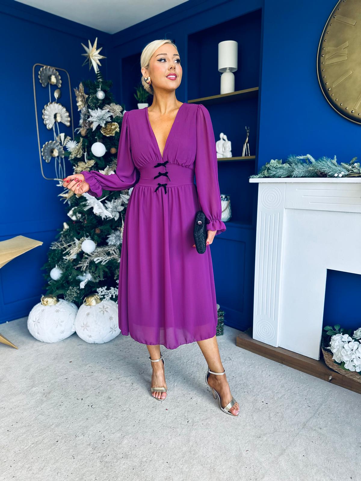 Orlaith Bow Detail Banded Midi Dress Berry