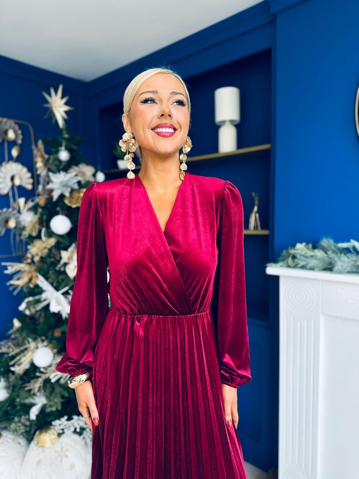 Avril Pleated Velvet Midi Dress Wine