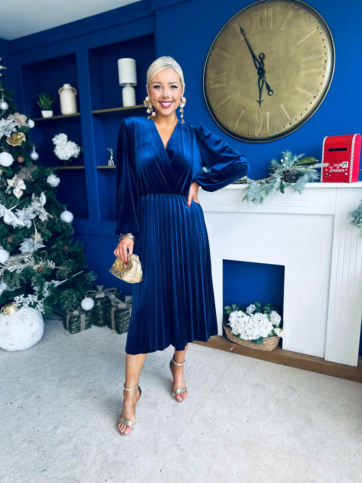 Avril Pleated Velvet Midi Dress Navy