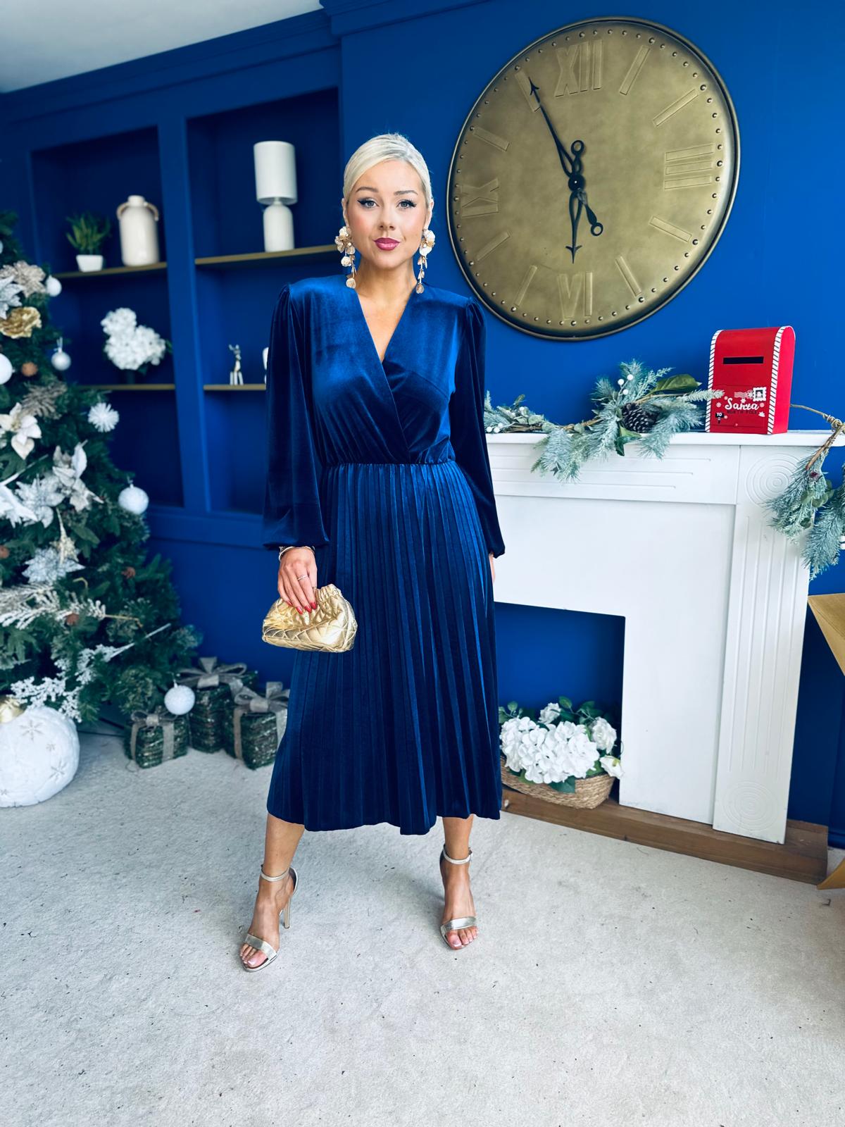 Avril Pleated Velvet Midi Dress Navy