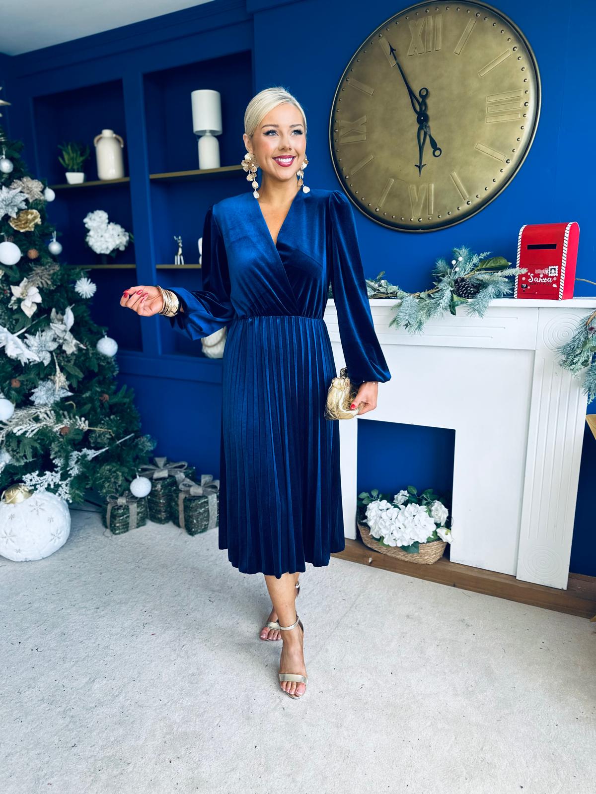 Avril Pleated Velvet Midi Dress Navy