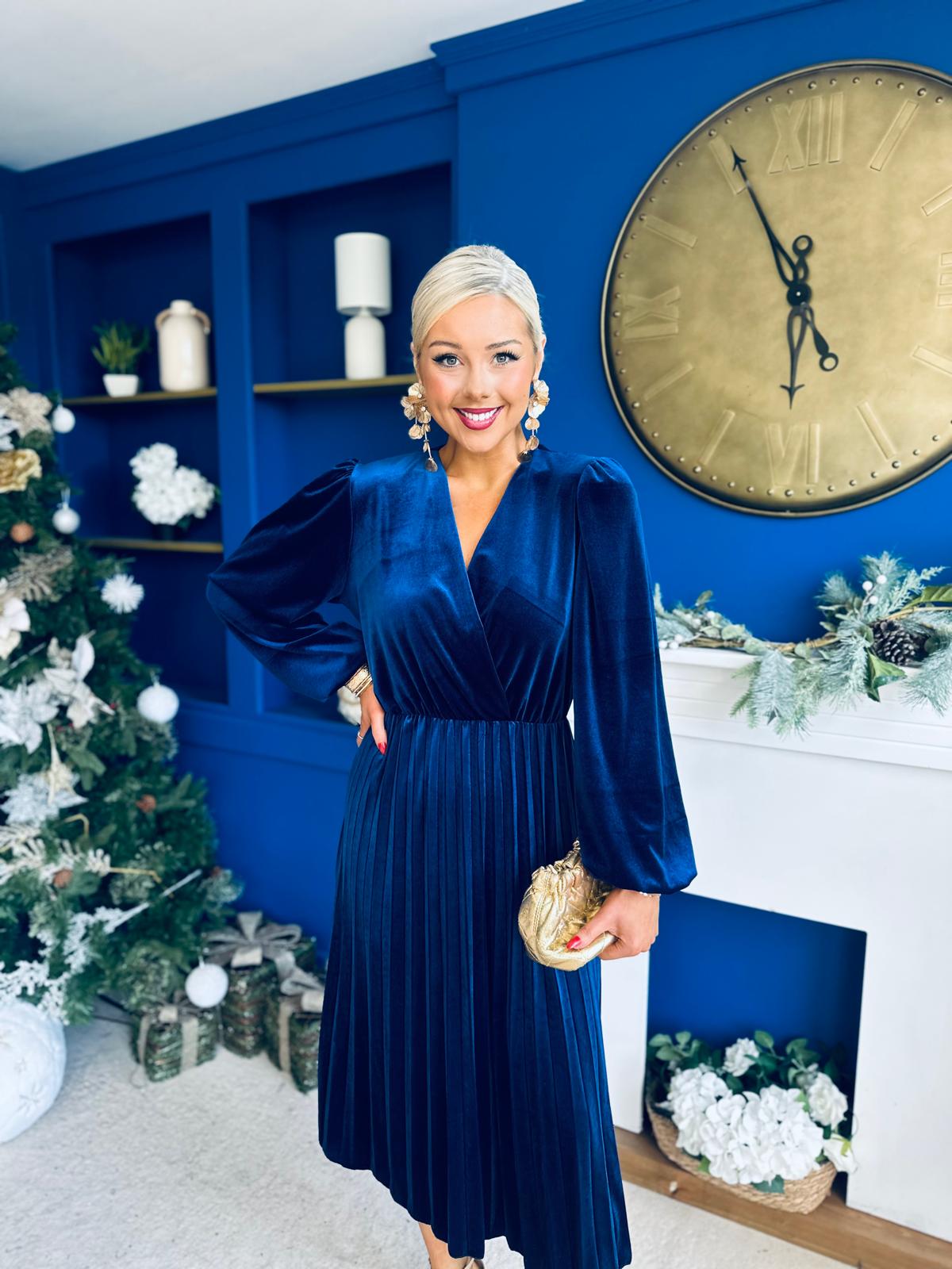 Avril Pleated Velvet Midi Dress Navy