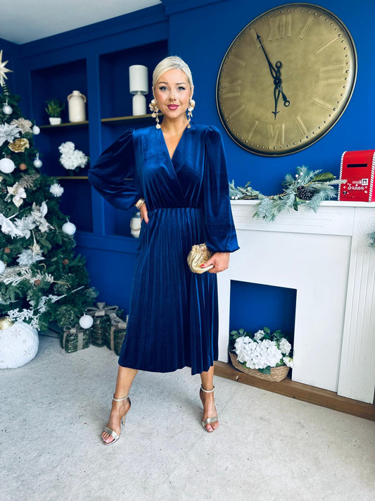 Avril Pleated Velvet Midi Dress Navy