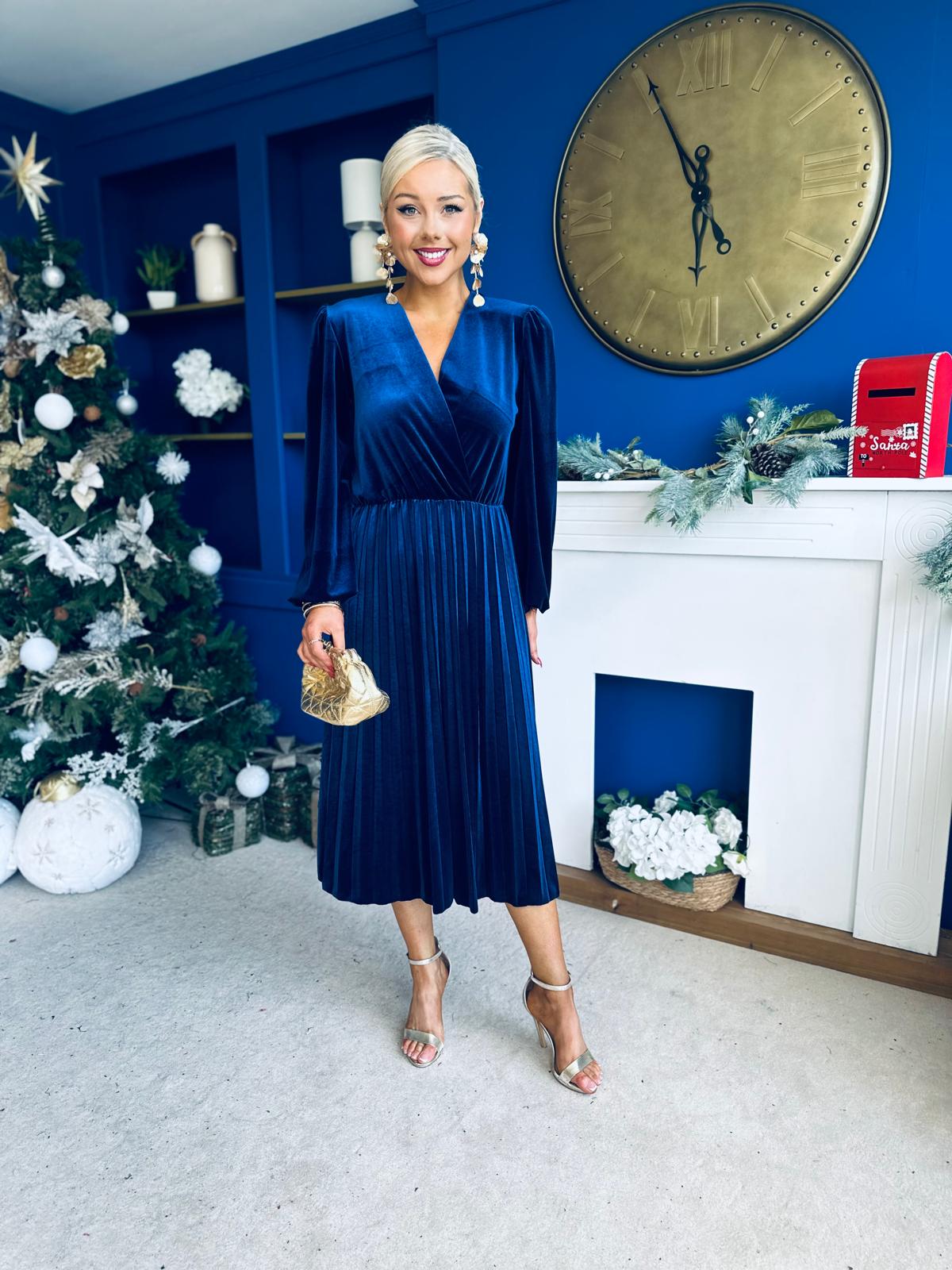 Avril Pleated Velvet Midi Dress Navy