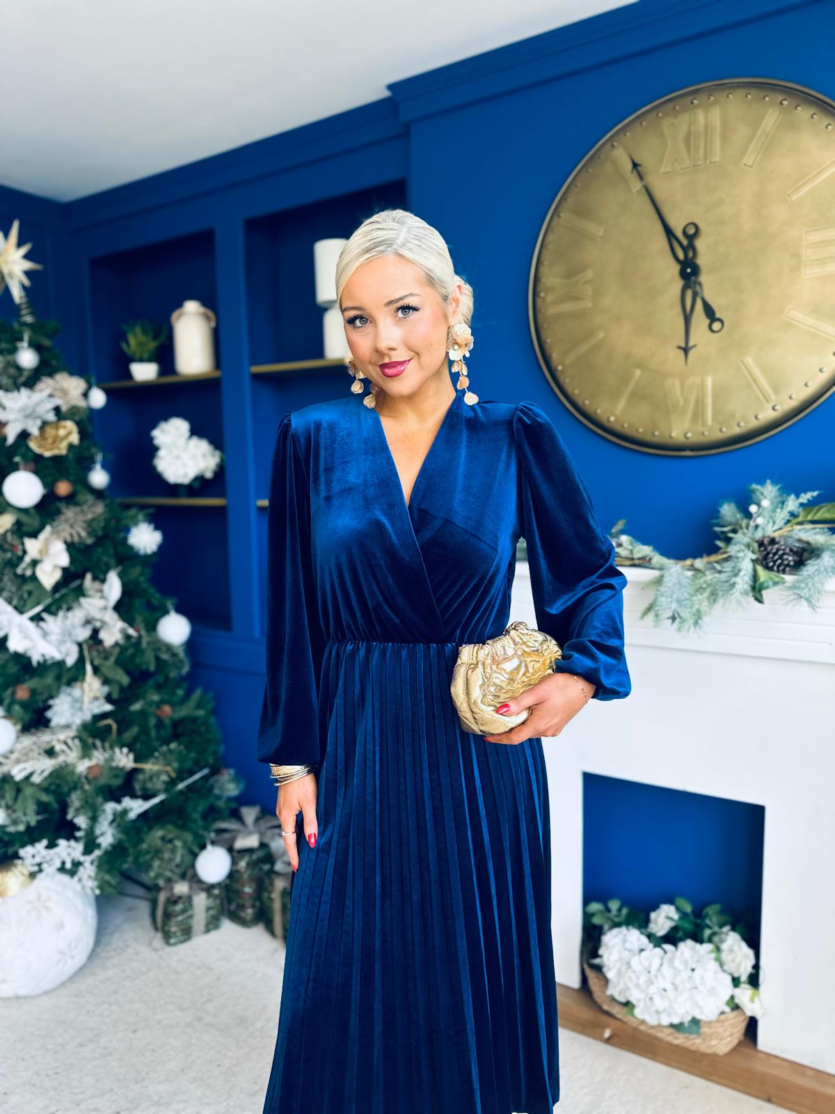 Avril Pleated Velvet Midi Dress Navy