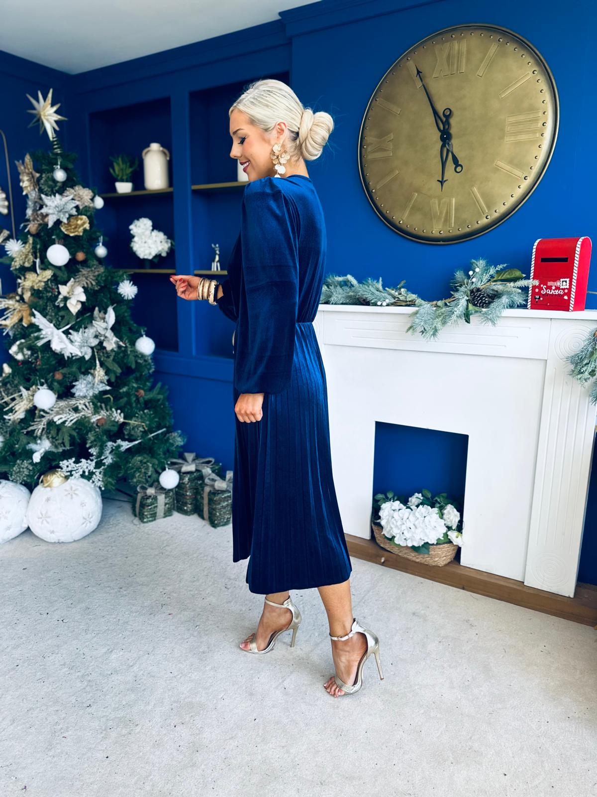 Avril Pleated Velvet Midi Dress Navy