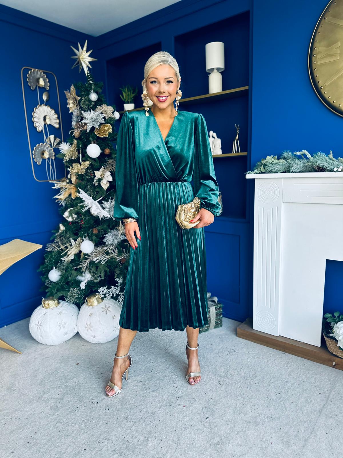 Avril Pleated Velvet Midi Dress Forest