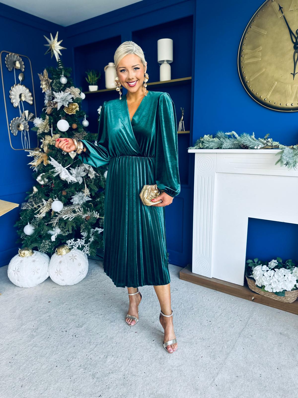 Avril Pleated Velvet Midi Dress Forest