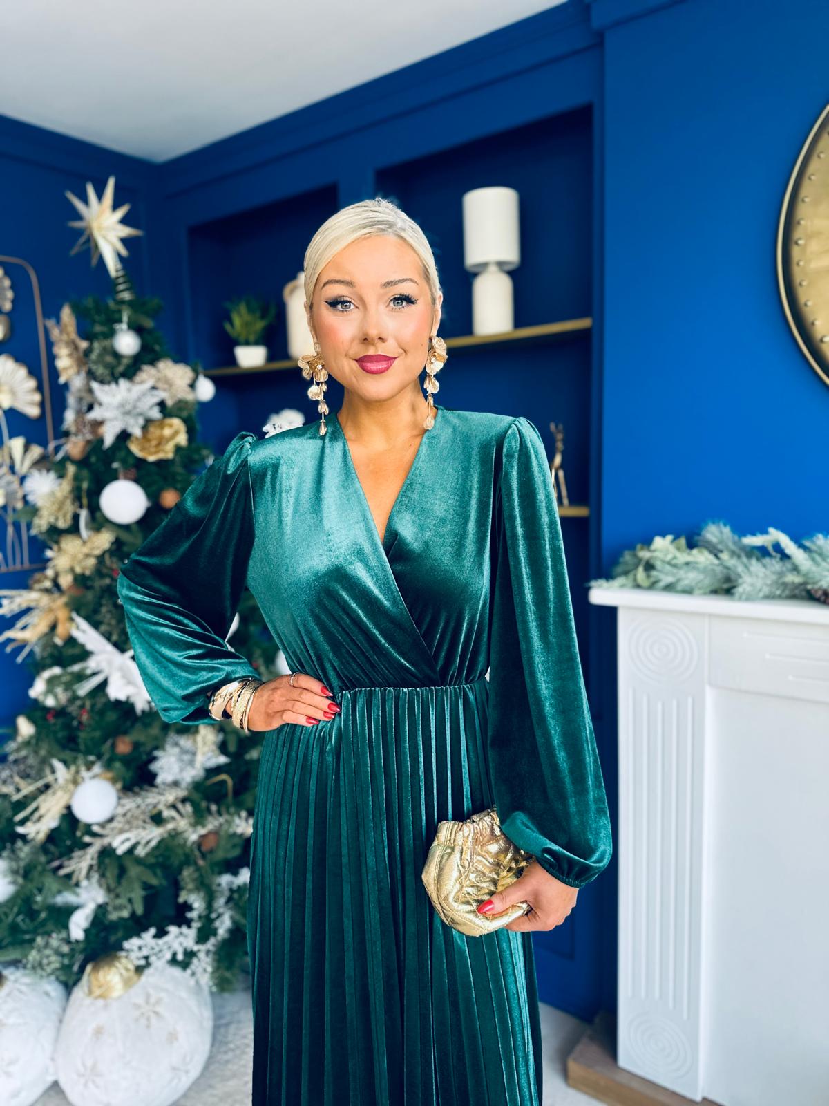 Avril Pleated Velvet Midi Dress Forest