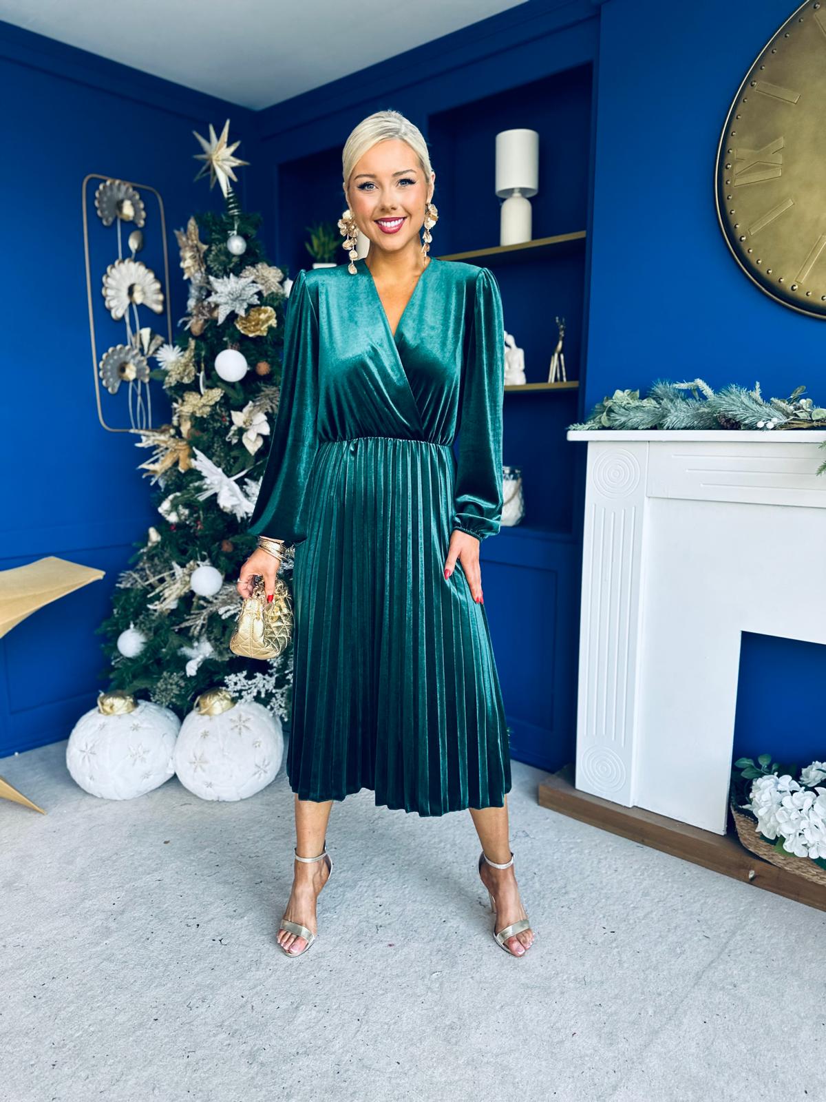 Avril Pleated Velvet Midi Dress Forest