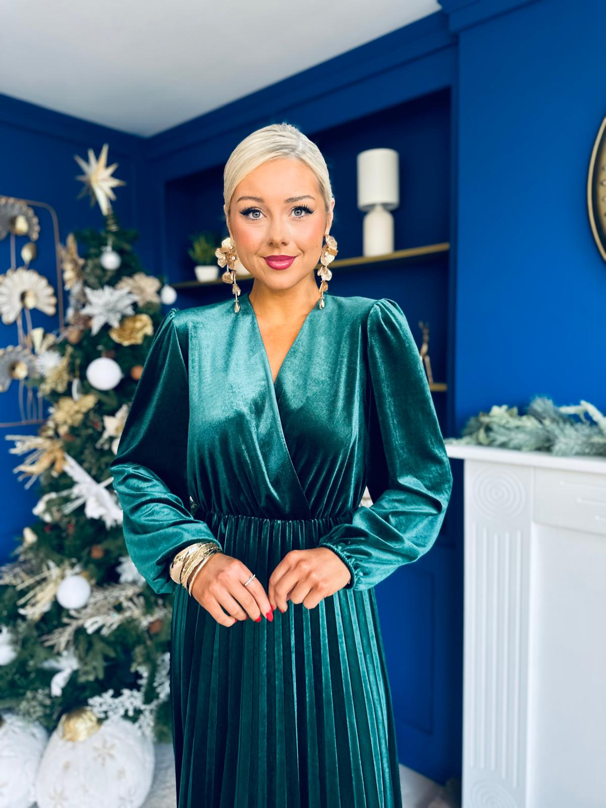 Avril Pleated Velvet Midi Dress Forest