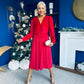 Avril Pleated Velvet Midi Dress Red