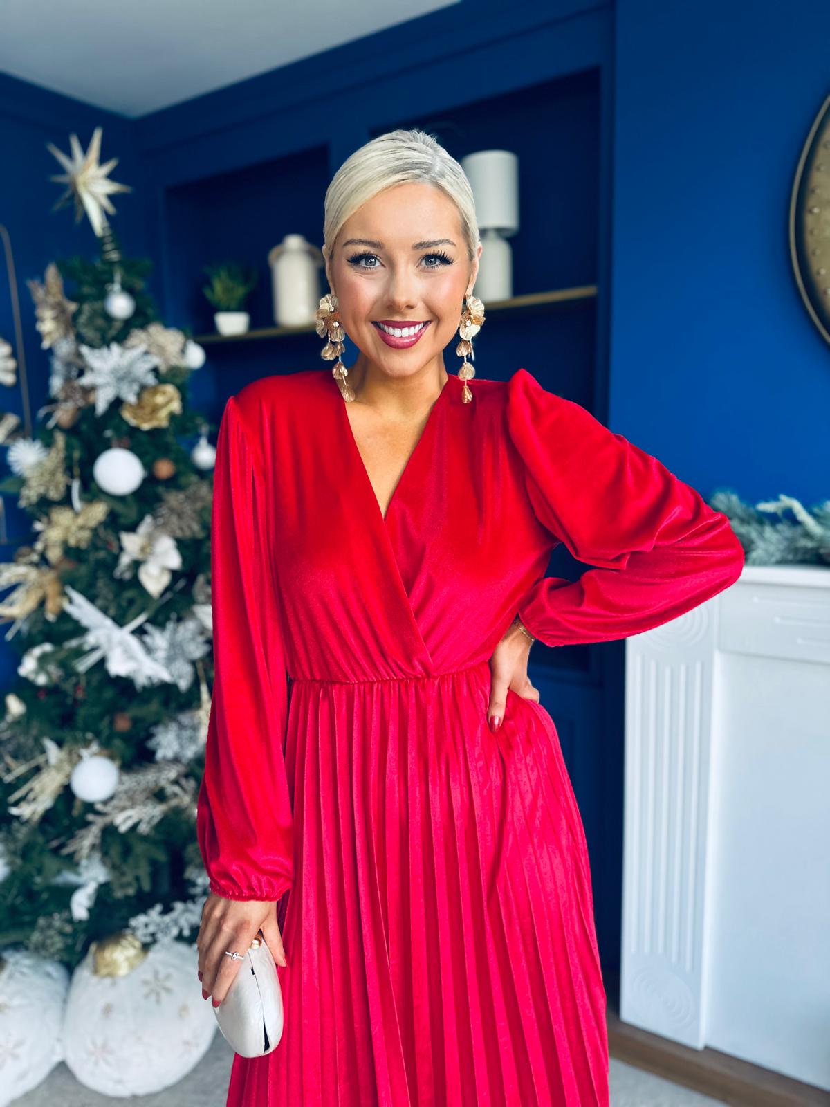 Avril Pleated Velvet Midi Dress Red