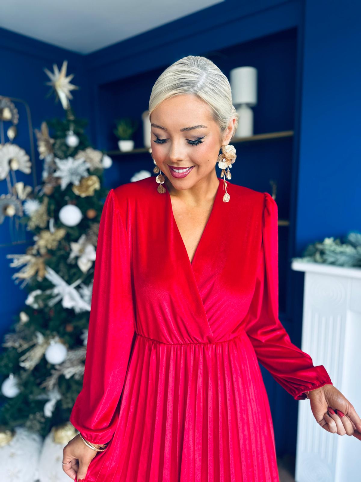 Avril Pleated Velvet Midi Dress Red