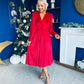 Avril Pleated Velvet Midi Dress Red