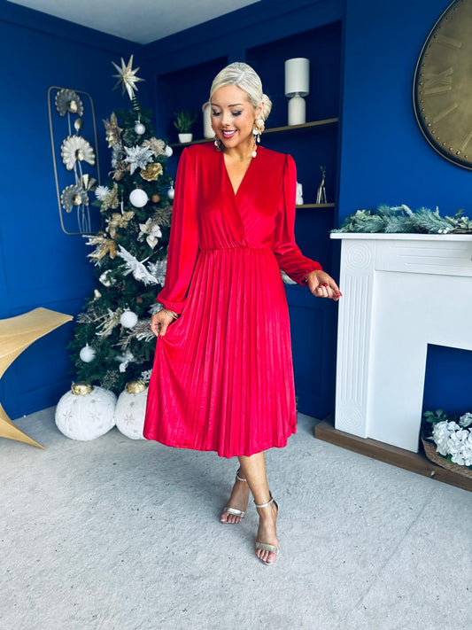 Avril Pleated Velvet Midi Dress Red