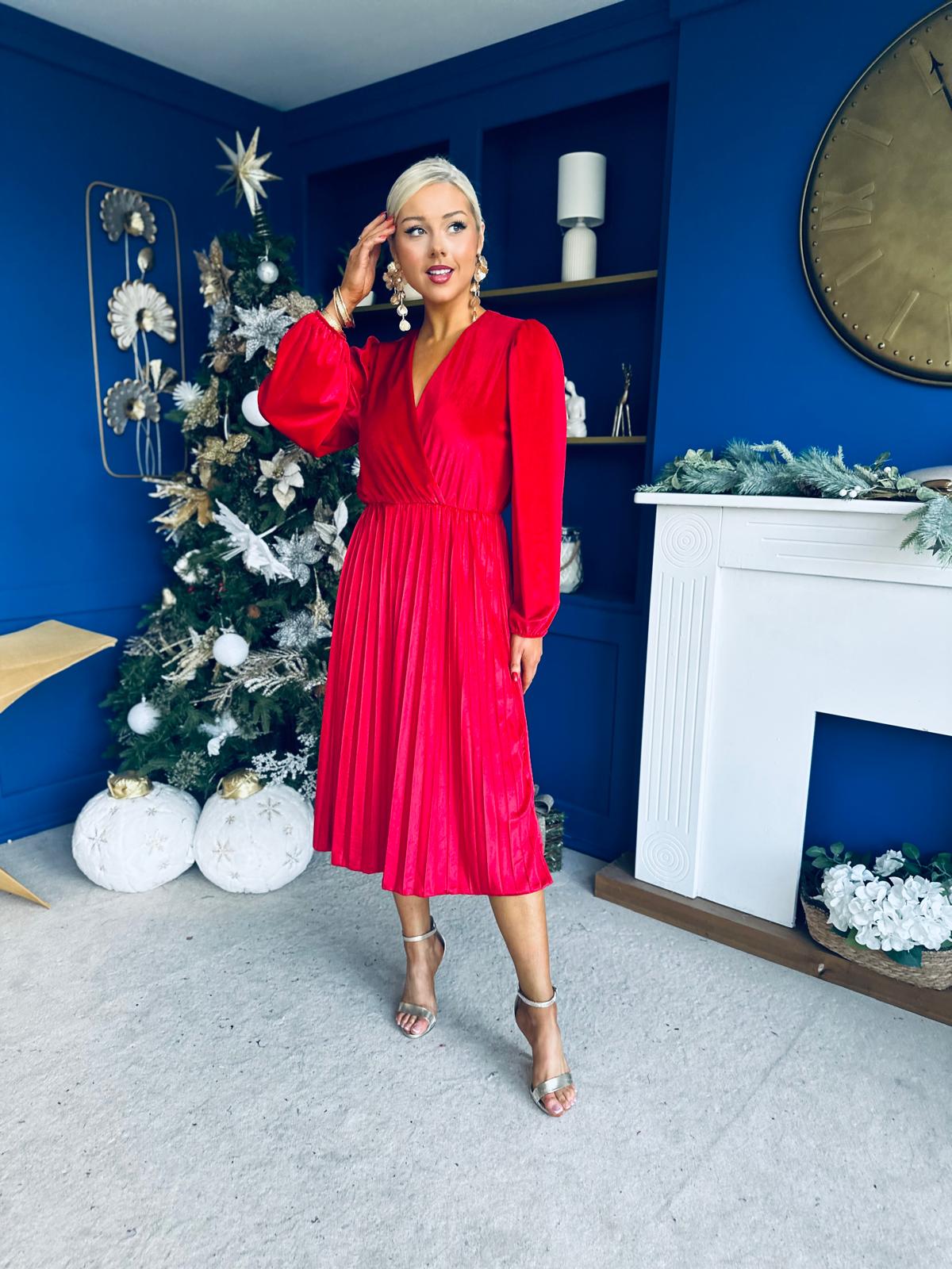 Avril Pleated Velvet Midi Dress Red