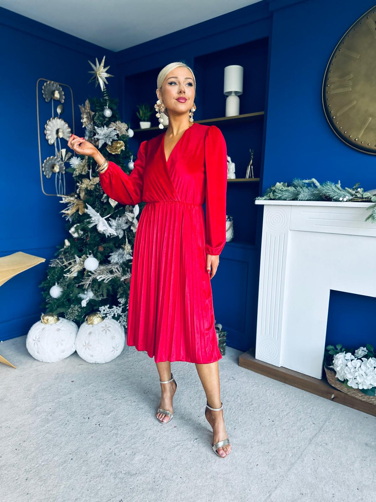 Avril Pleated Velvet Midi Dress Red