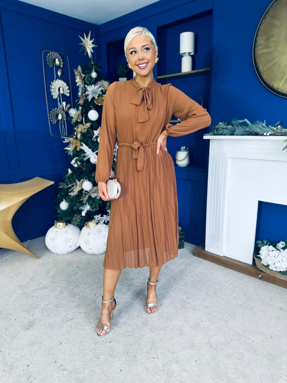 Kitty Bow Detail Chiffon Midi Dress Camel