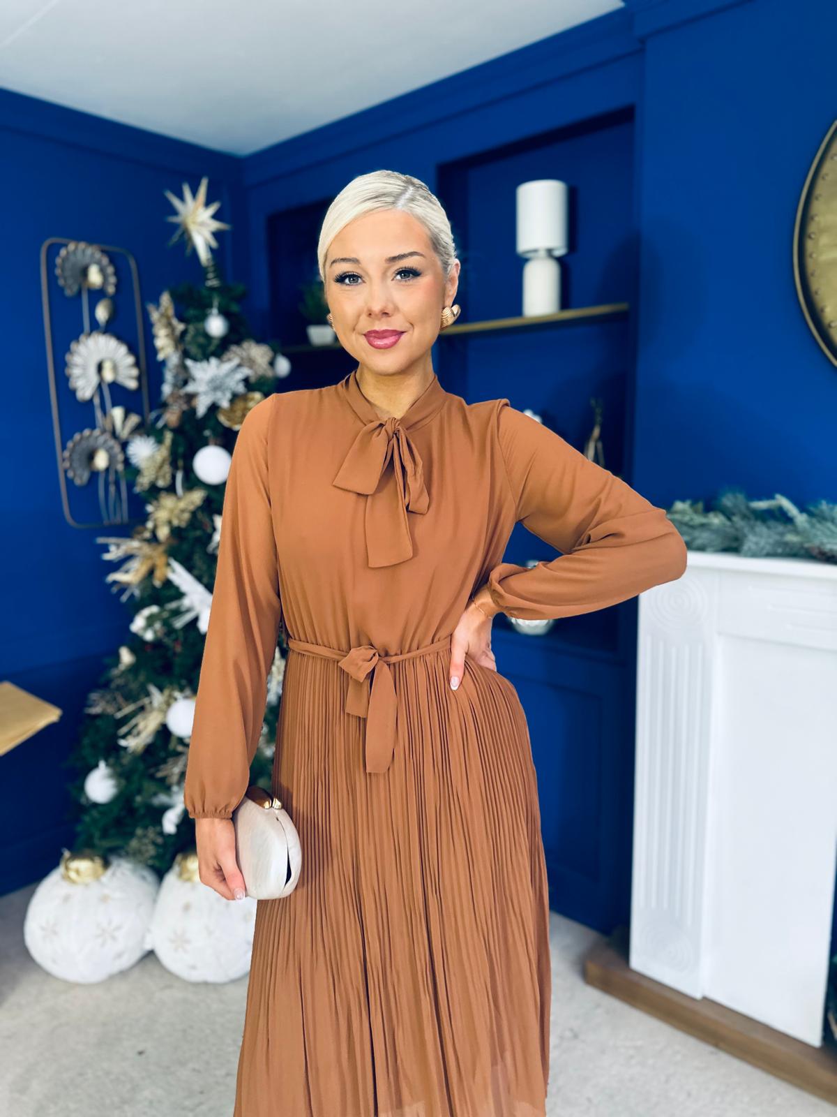 Kitty Bow Detail Chiffon Midi Dress Camel