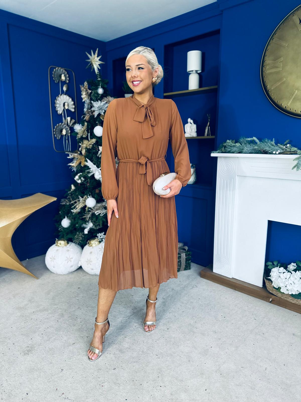 Kitty Bow Detail Chiffon Midi Dress Camel