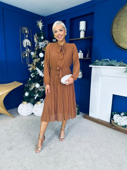 Kitty Bow Detail Chiffon Midi Dress Camel