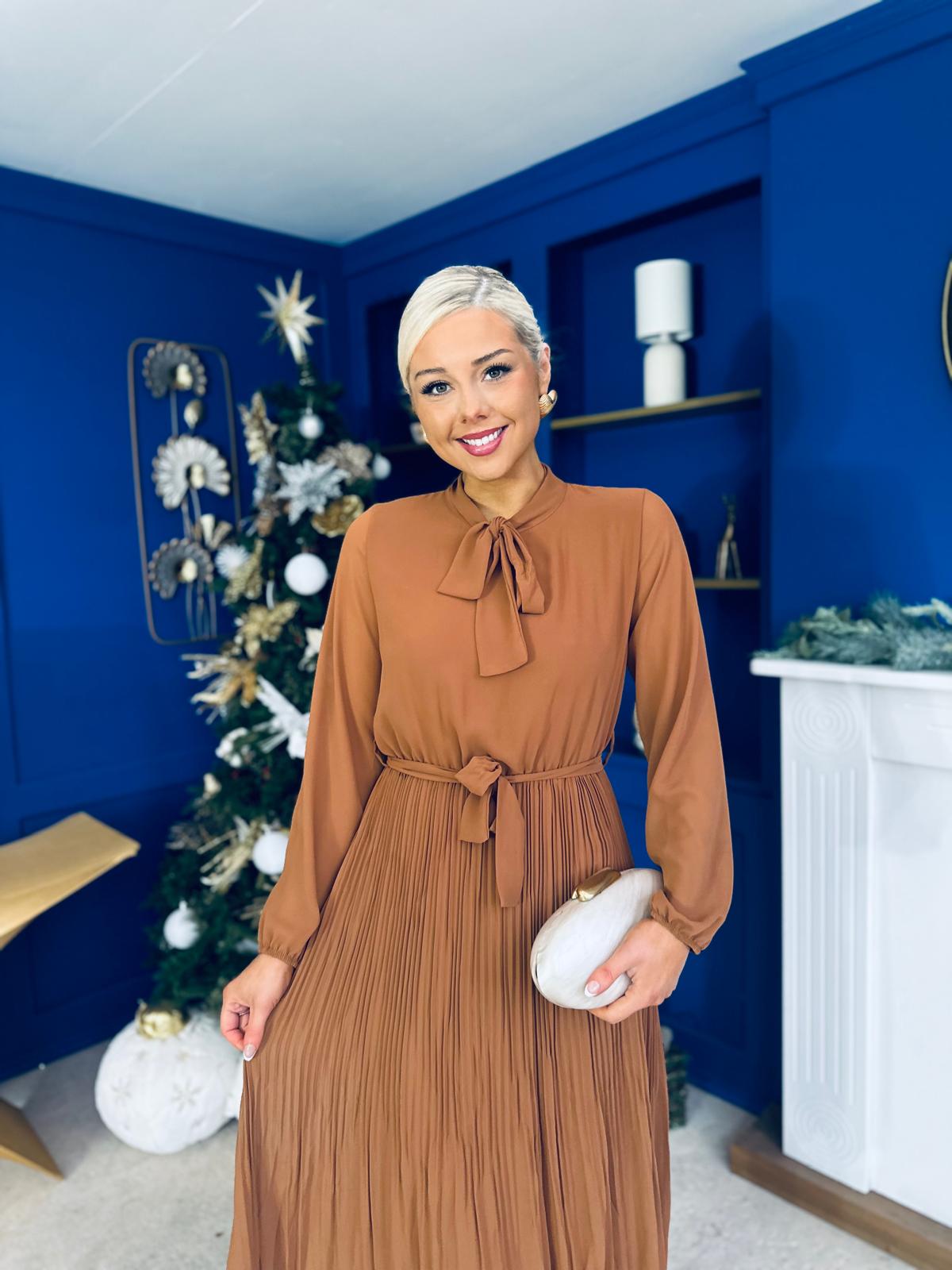 Kitty Bow Detail Chiffon Midi Dress Camel