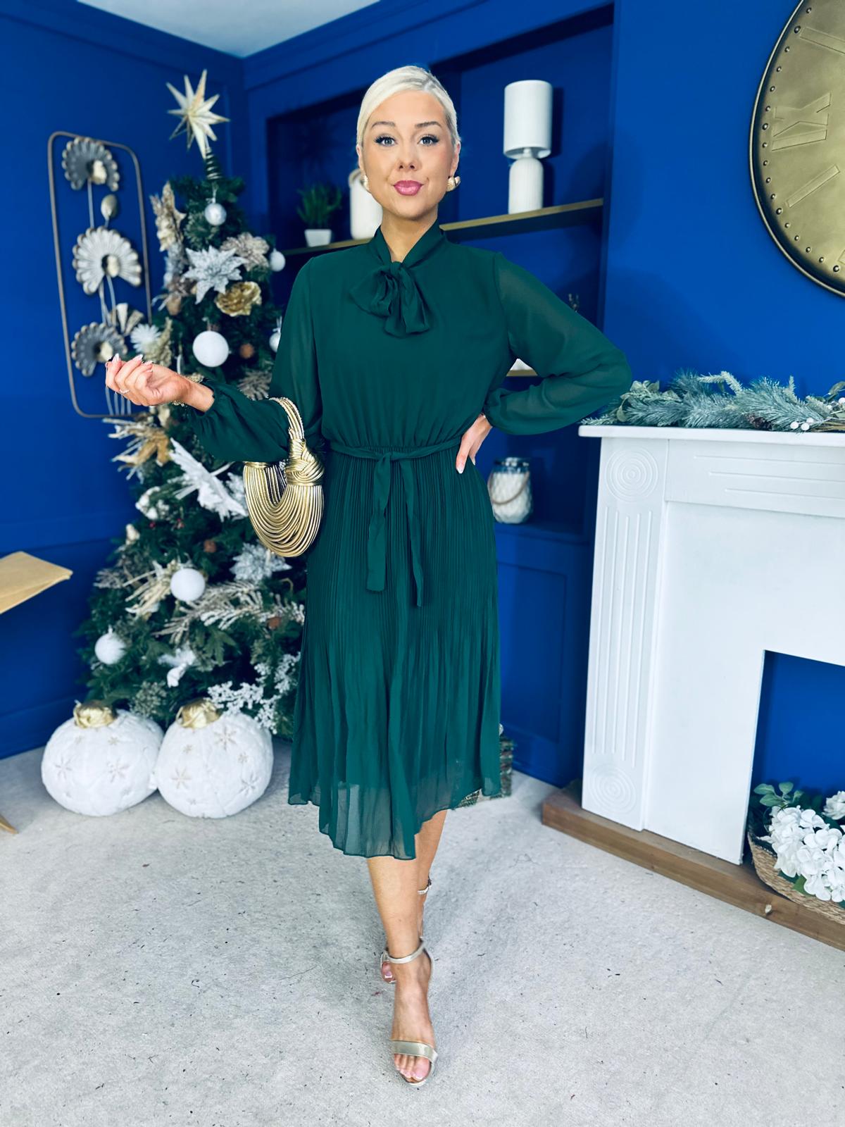 Kitty Bow Detail Chiffon Midi Dress Forest