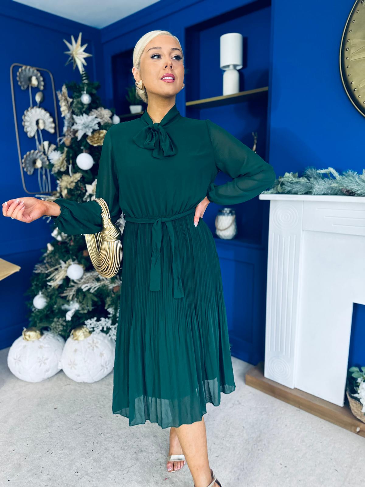 Kitty Bow Detail Chiffon Midi Dress Forest