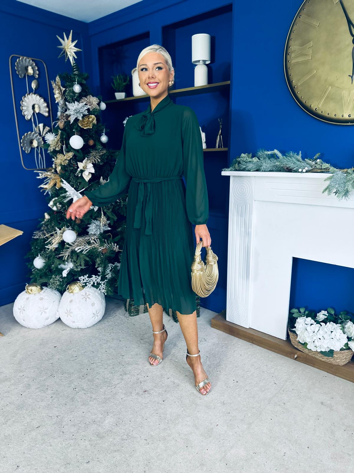 Kitty Bow Detail Chiffon Midi Dress Forest