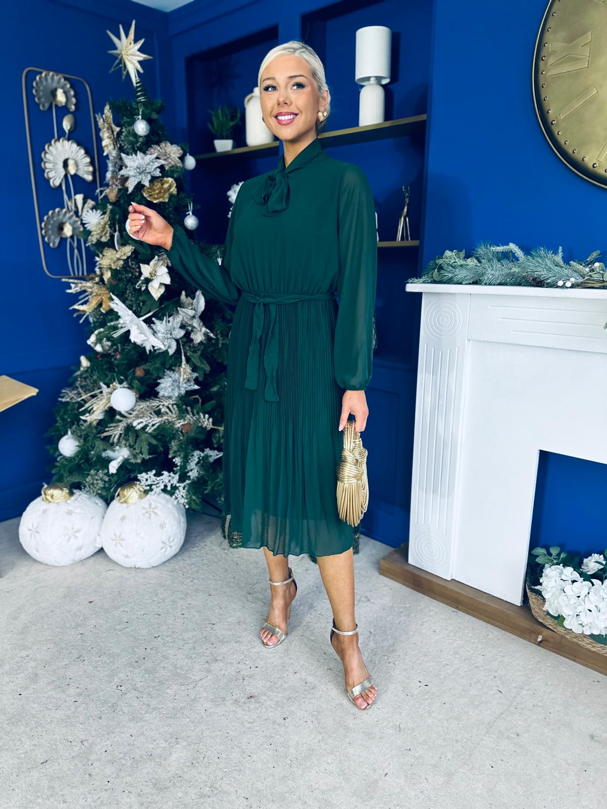 Kitty Bow Detail Chiffon Midi Dress Forest