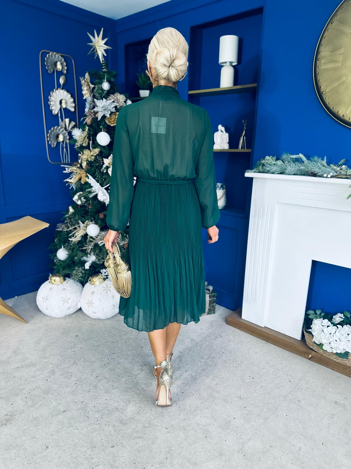 Kitty Bow Detail Chiffon Midi Dress Forest