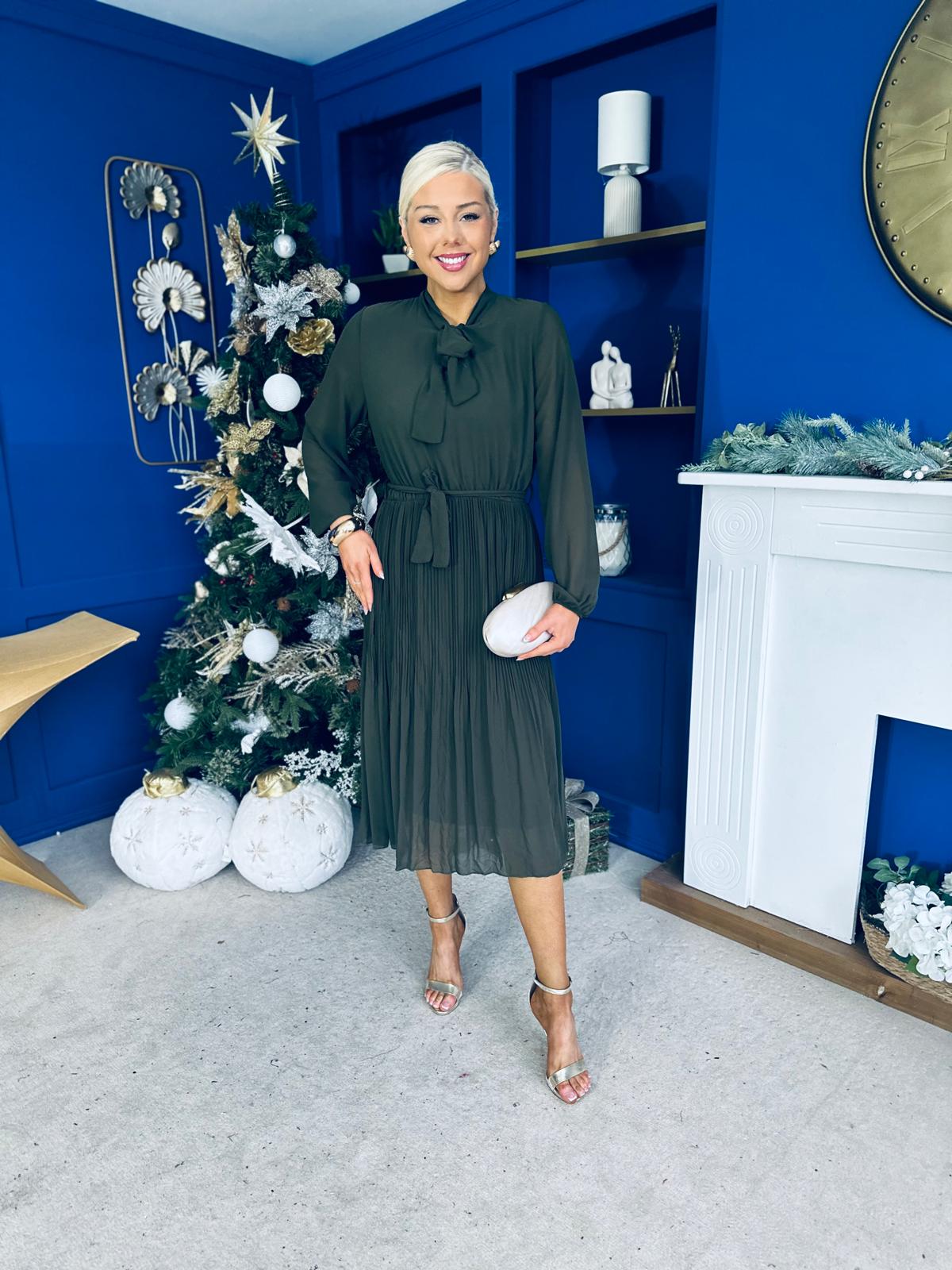 Kitty Bow Detail Chiffon Midi Dress Khaki