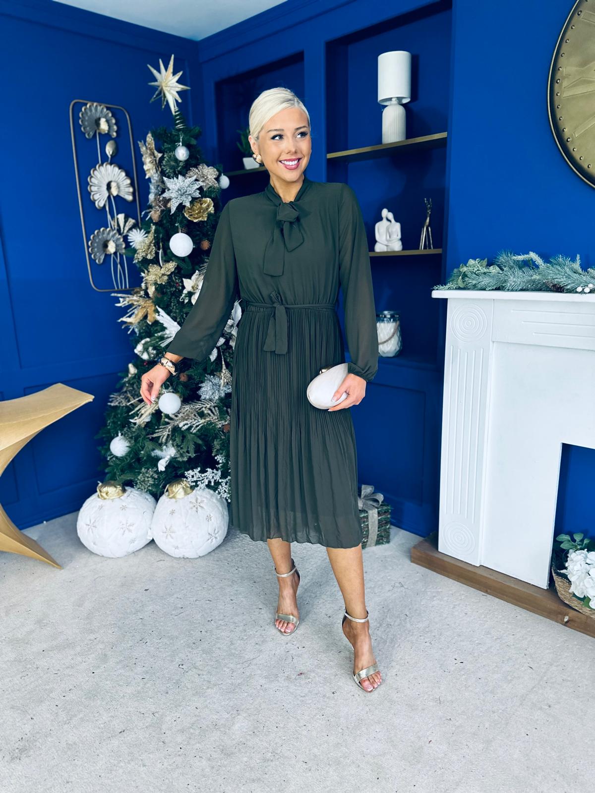 Kitty Bow Detail Chiffon Midi Dress Khaki