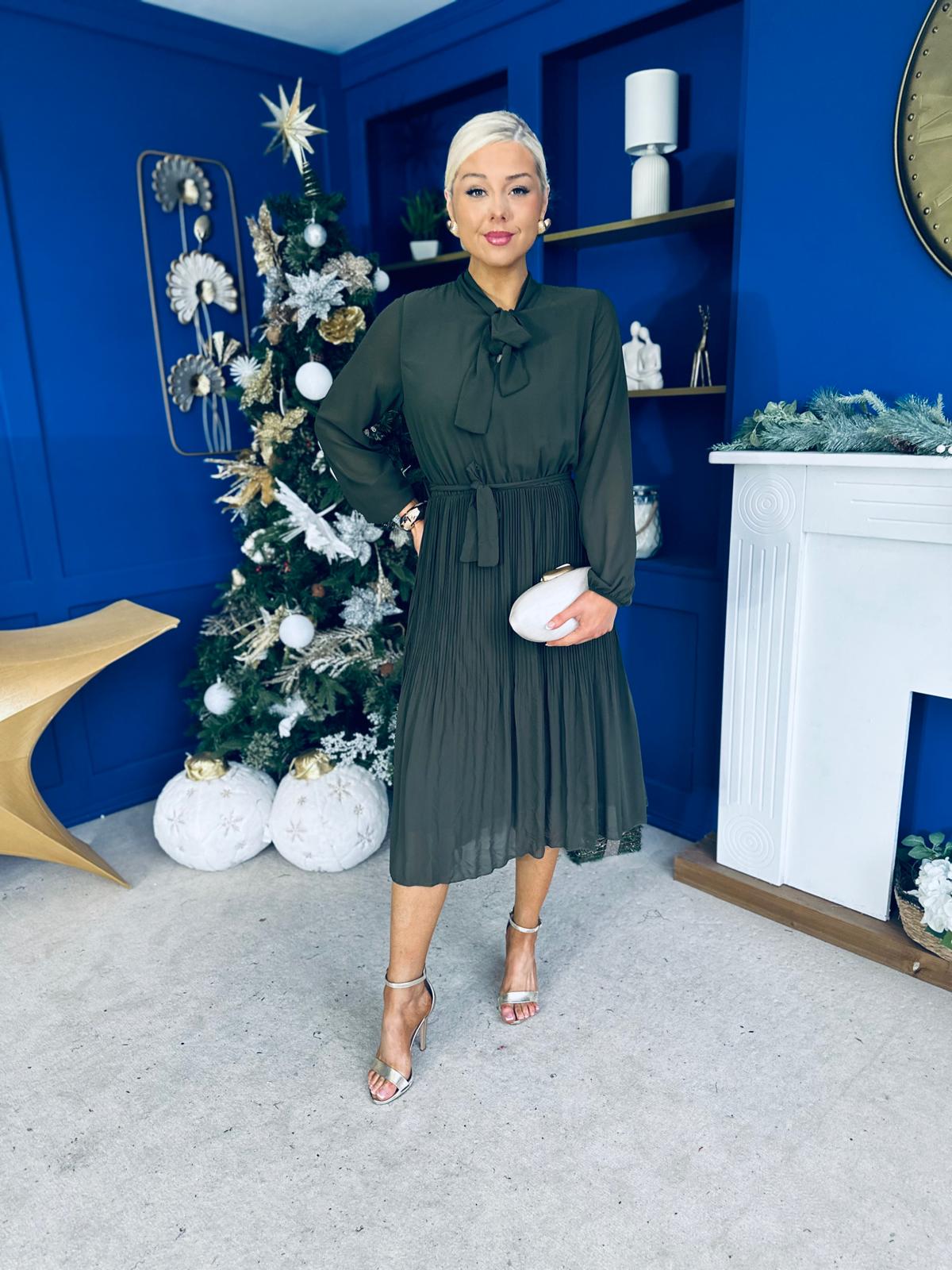 Kitty Bow Detail Chiffon Midi Dress Khaki