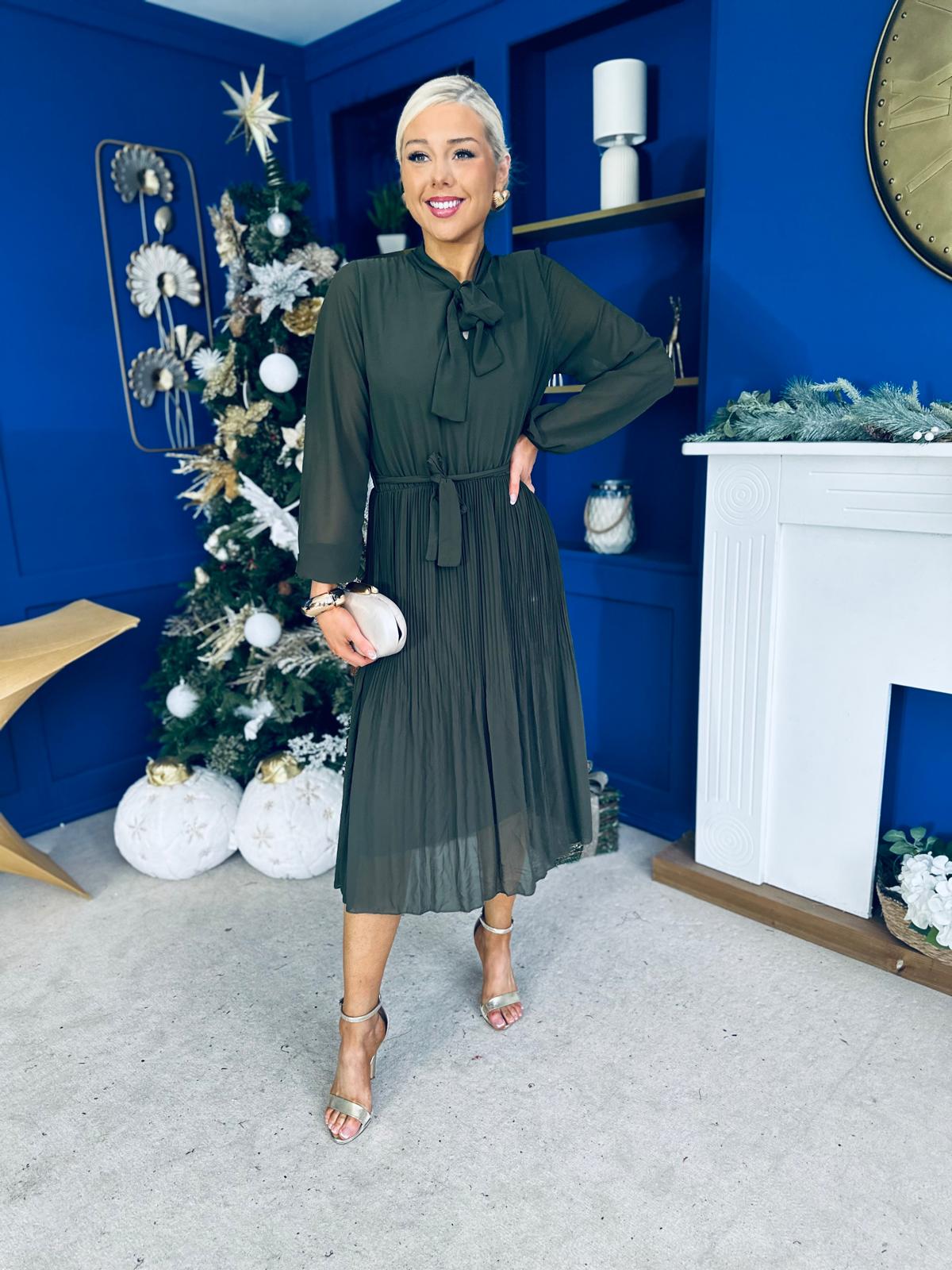 Kitty Bow Detail Chiffon Midi Dress Khaki