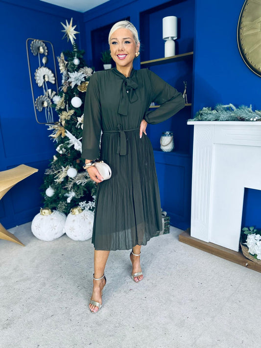 Kitty Bow Detail Chiffon Midi Dress Khaki