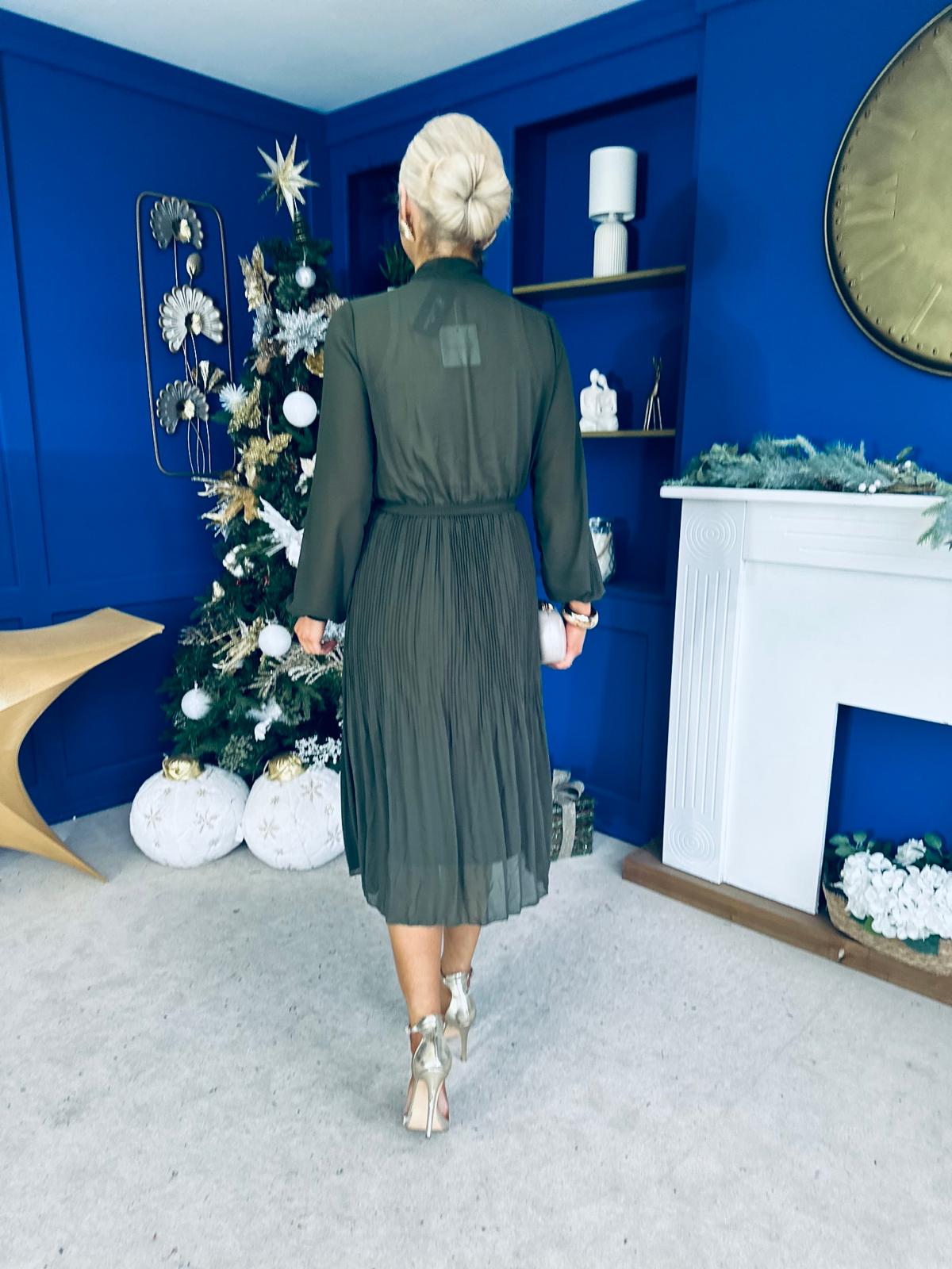 Kitty Bow Detail Chiffon Midi Dress Khaki