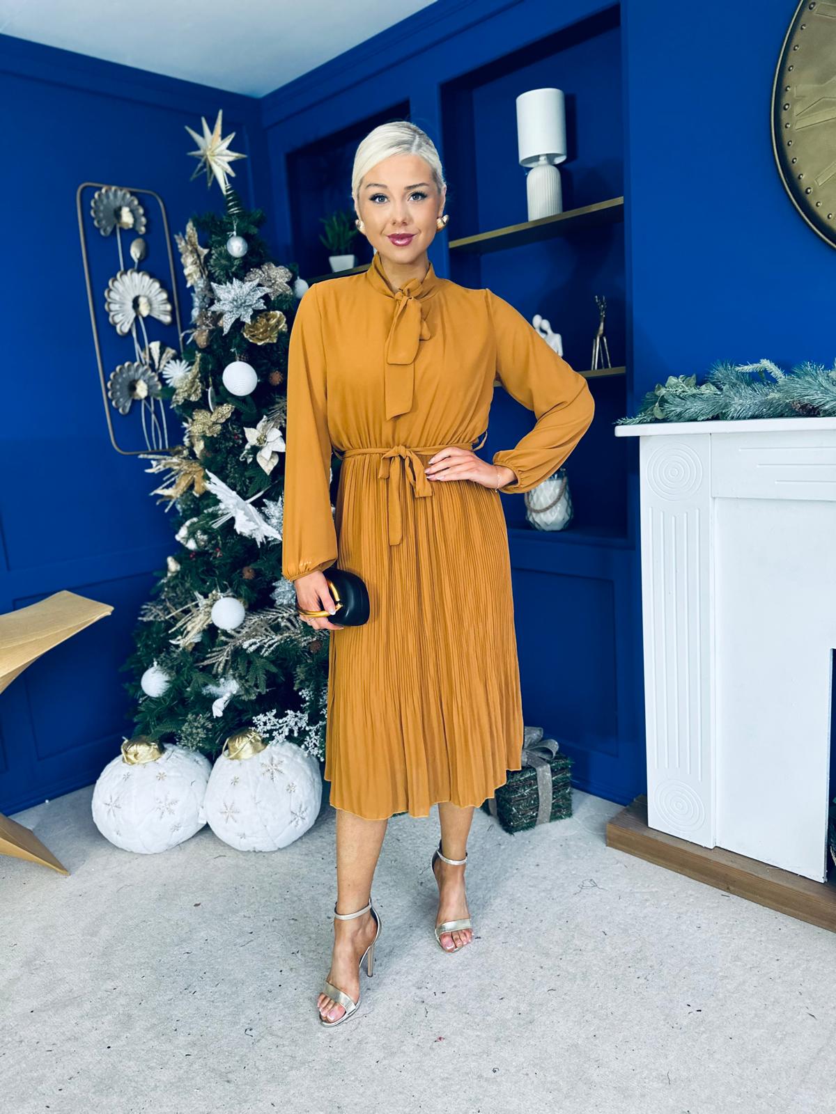 Kitty Bow Detail Chiffon Midi Dress Dijon