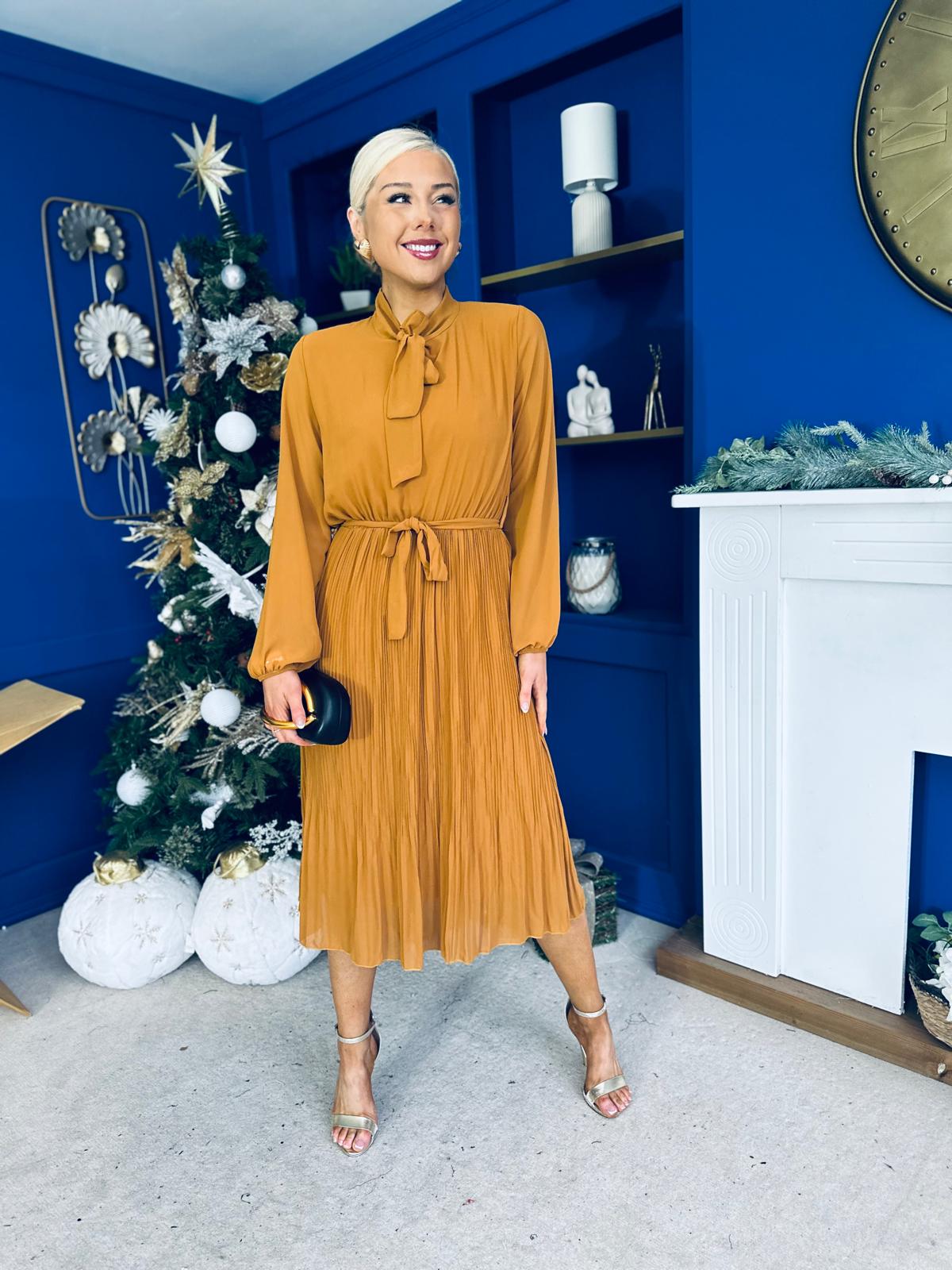 Kitty Bow Detail Chiffon Midi Dress Dijon