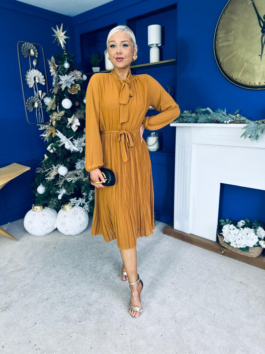 Kitty Bow Detail Chiffon Midi Dress Dijon