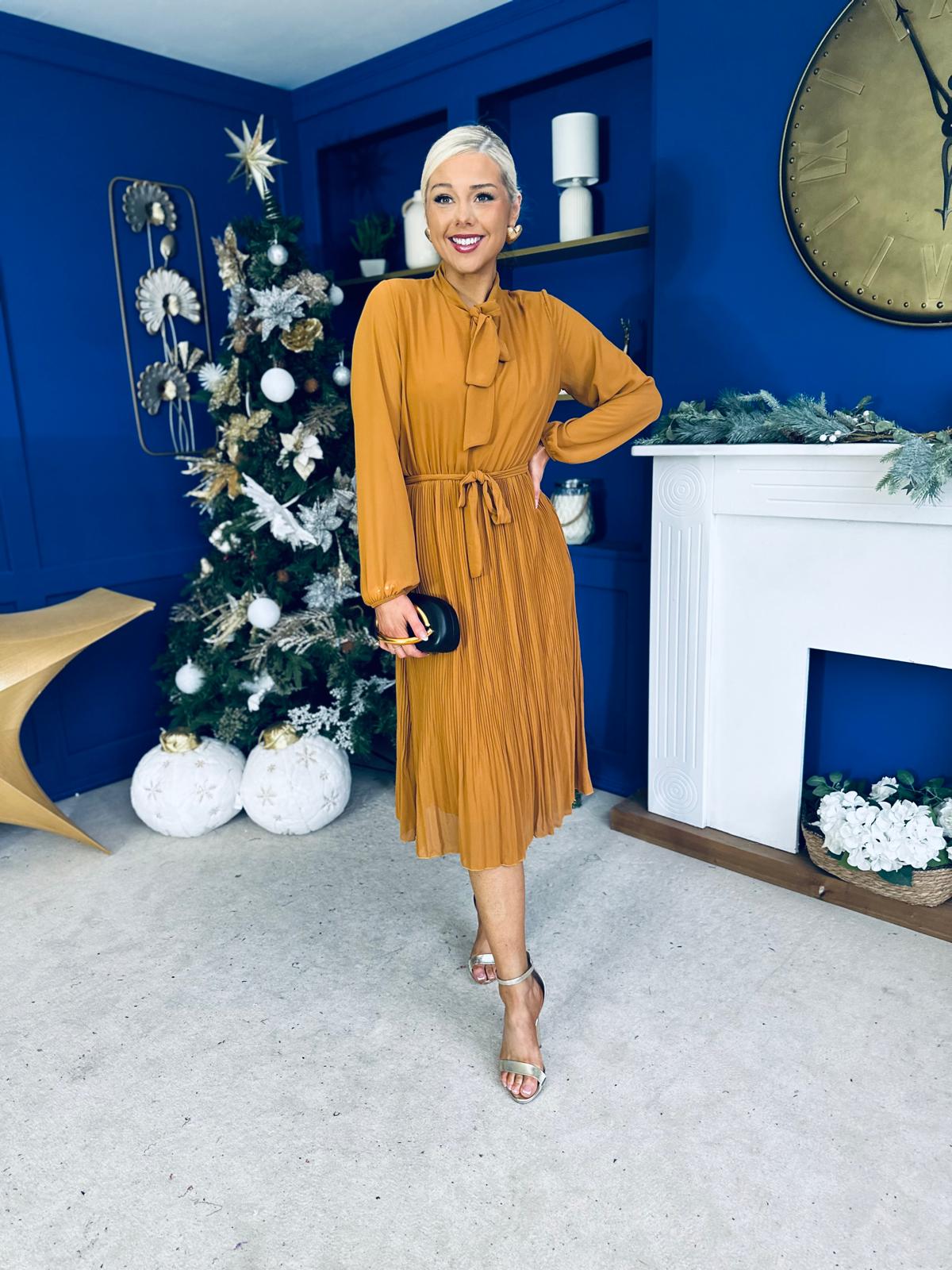 Kitty Bow Detail Chiffon Midi Dress Dijon