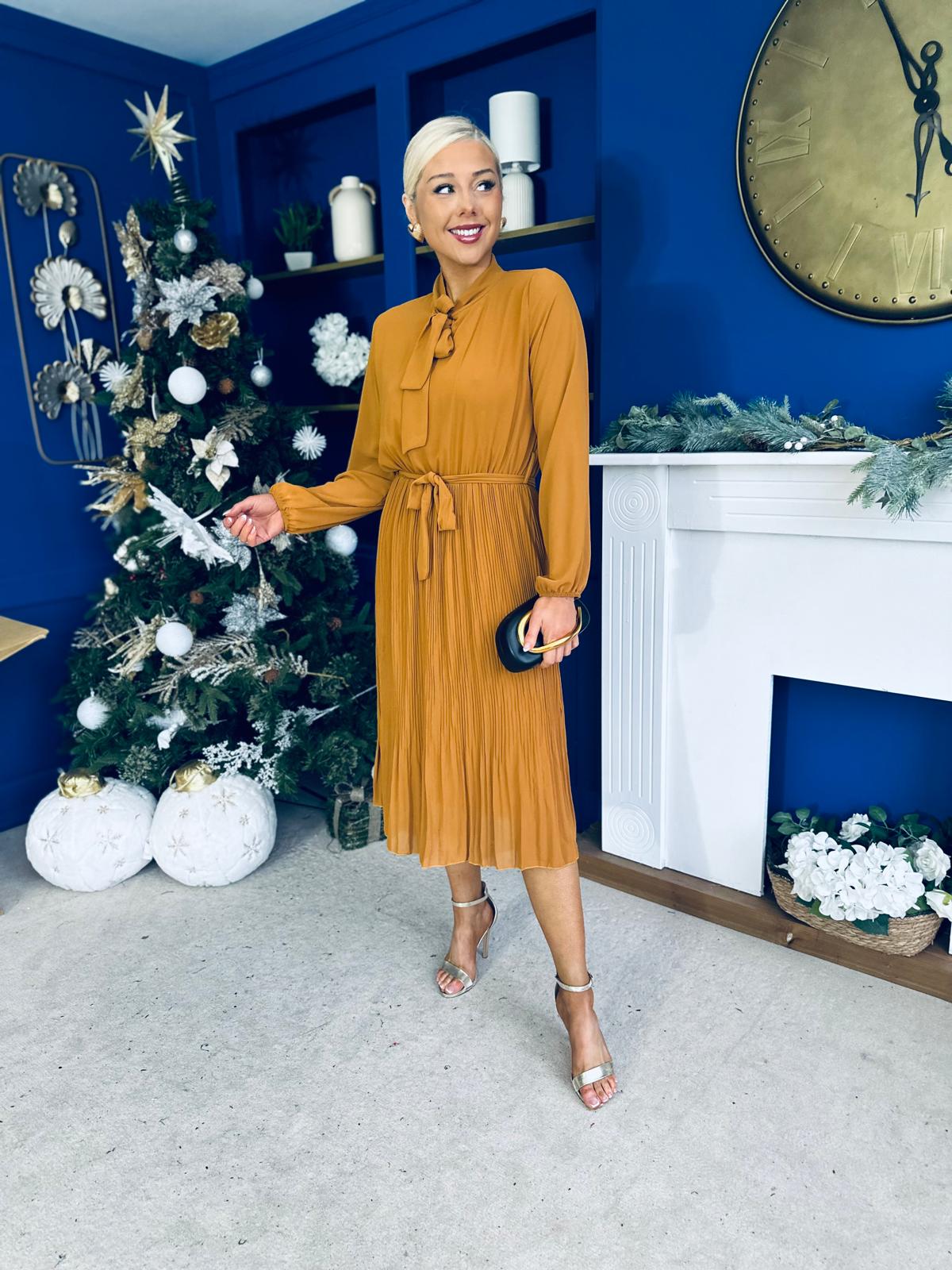 Kitty Bow Detail Chiffon Midi Dress Dijon