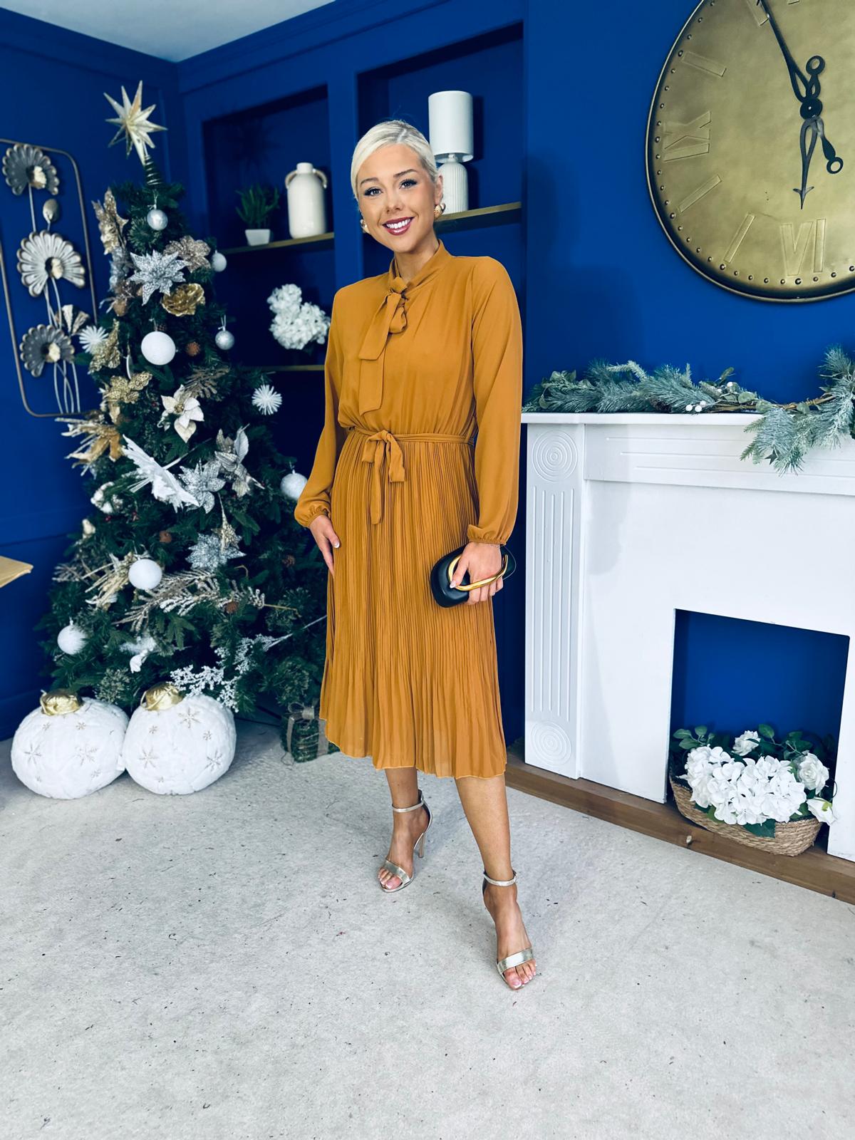 Kitty Bow Detail Chiffon Midi Dress Dijon