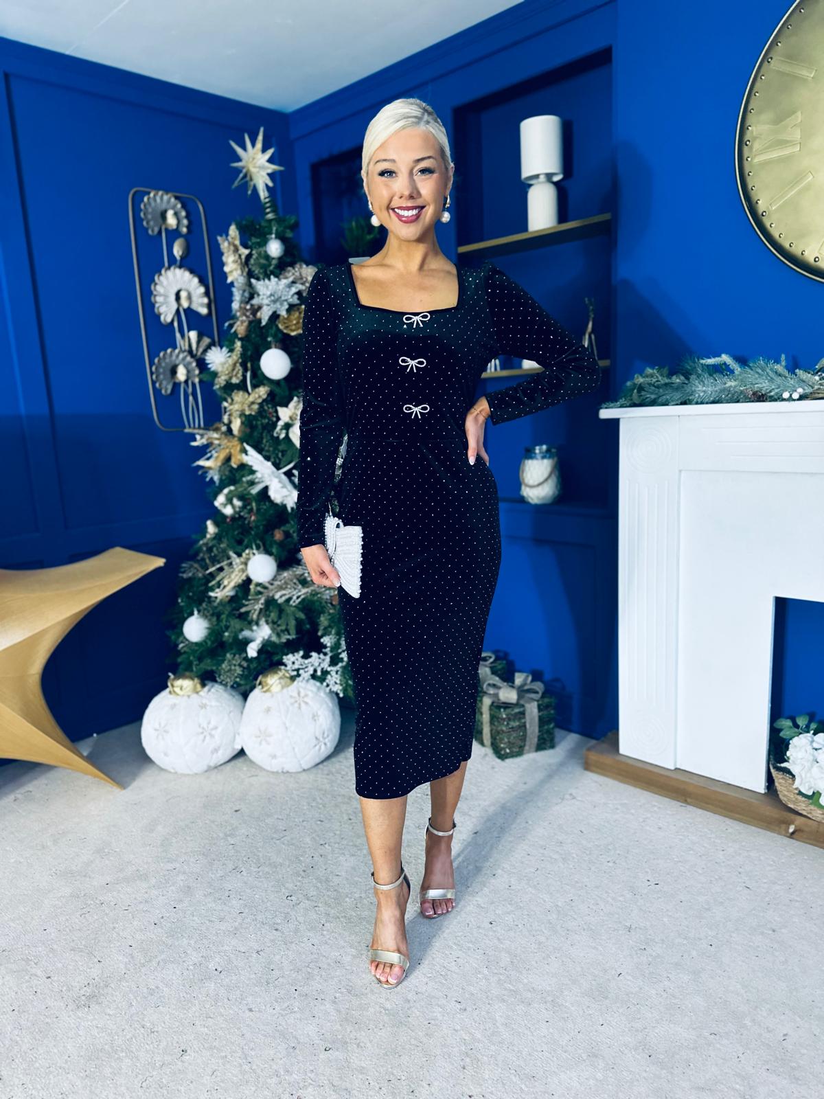 Gabby Bow Detail Velvet Midi Dress Black