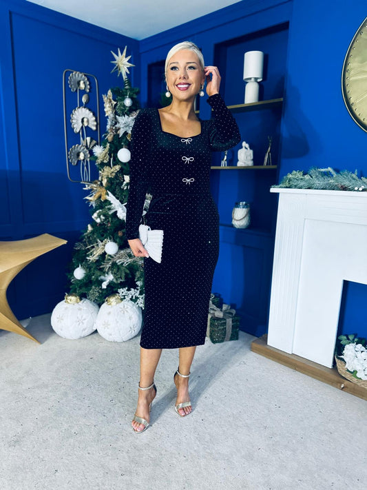 Gabby Bow Detail Velvet Midi Dress Black