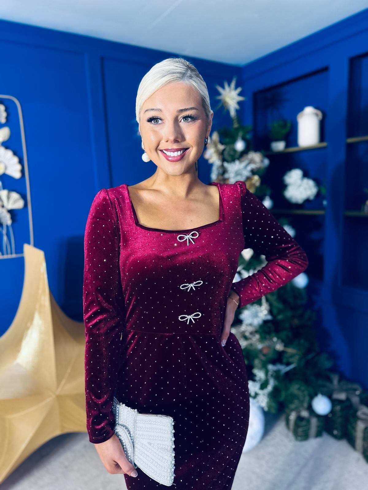 Gabby Bow Detail Velvet Midi Dress Wine