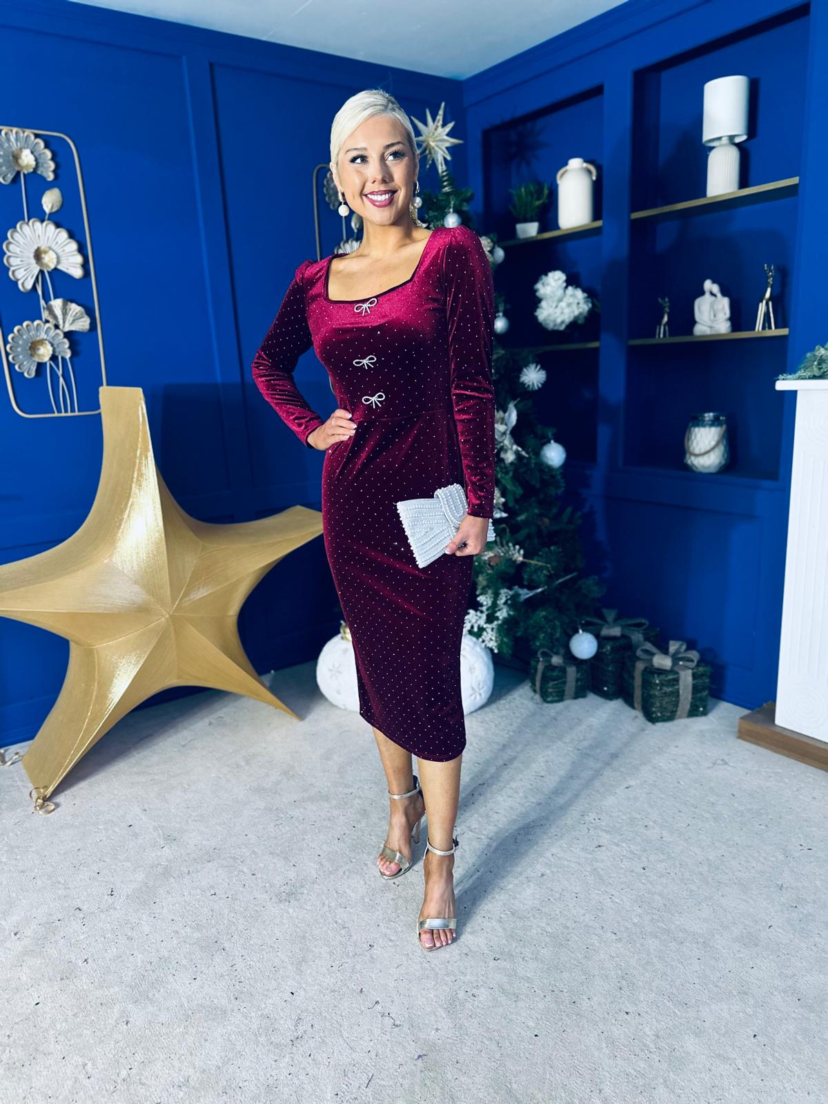 Gabby Bow Detail Velvet Midi Dress Wine