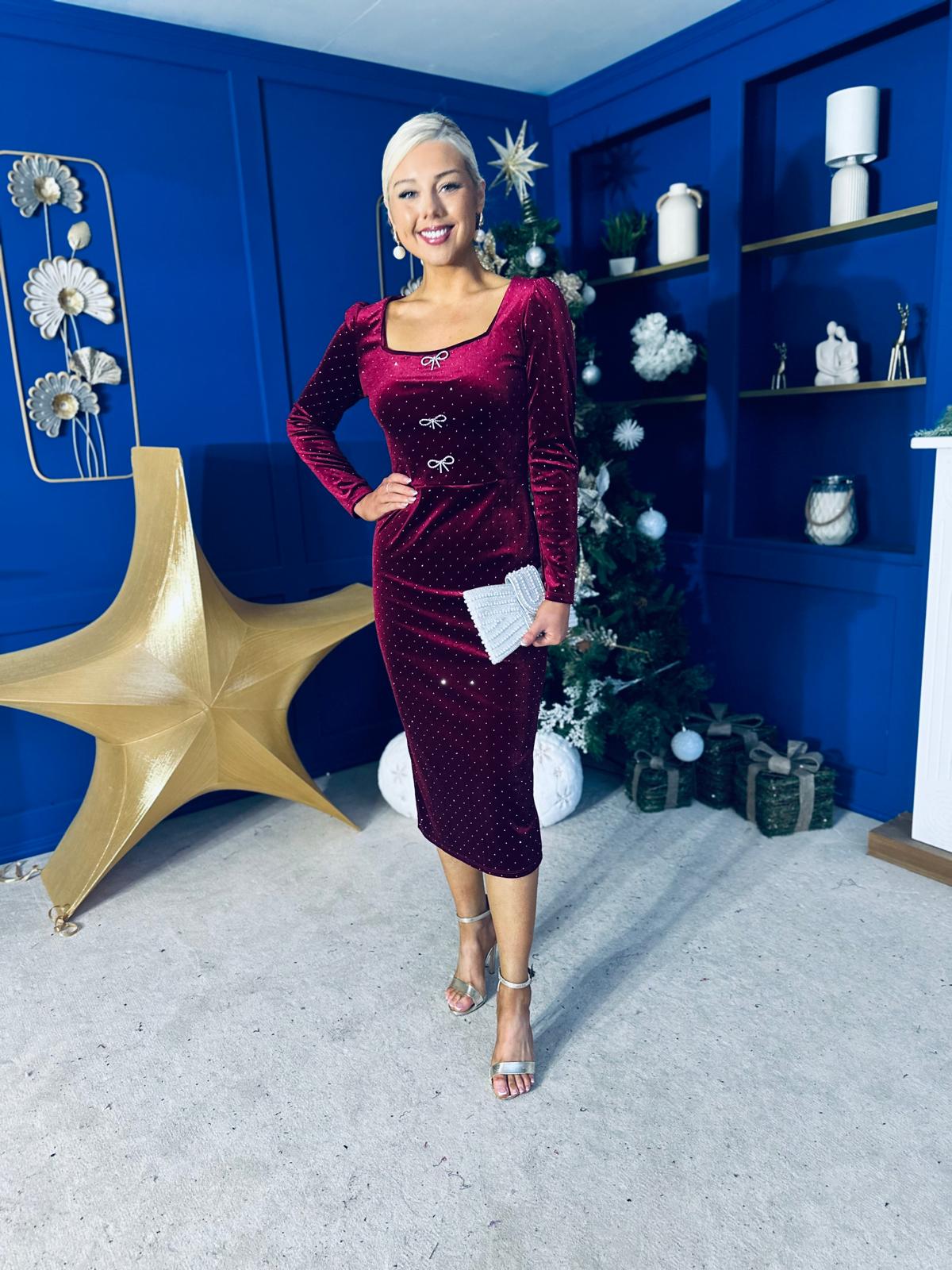 Gabby Bow Detail Velvet Midi Dress Wine